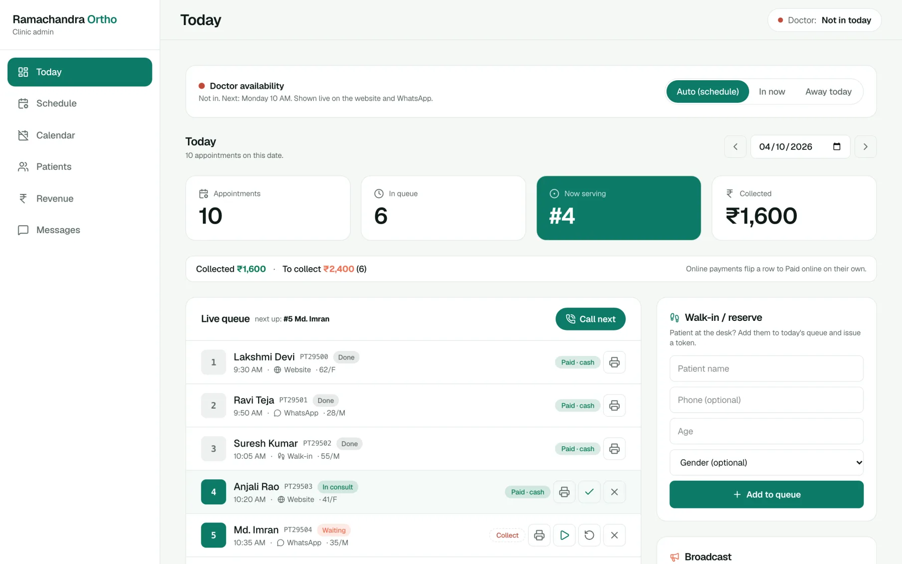 Front desk queue dashboard